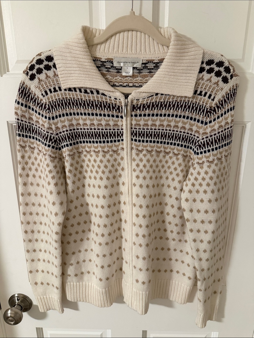 Christopher & Banks Fair Isle Full Zip Cardigan Sweater Cotton Knit Nordic S
